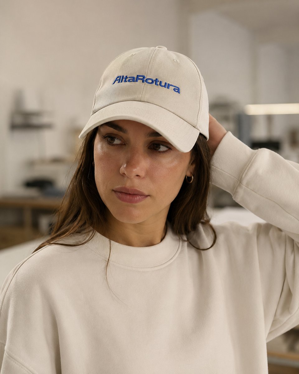 Gorra Alta Rotura crema con bordado azul